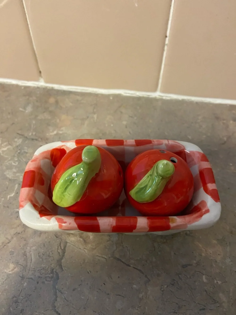 Pier One Ceramic Red Cherries Salt and Pepper Shakers with Tray